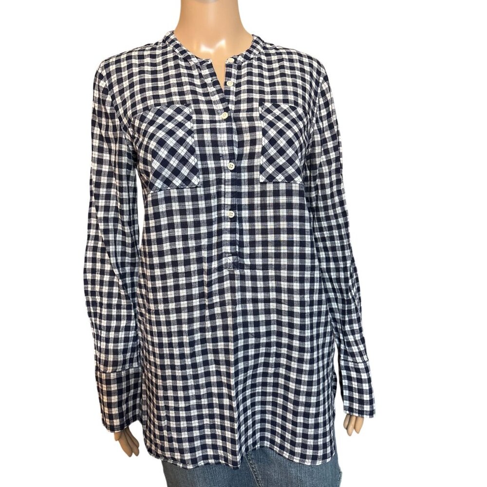 Merona Plaid Blue White High Low Blouse Size Medium